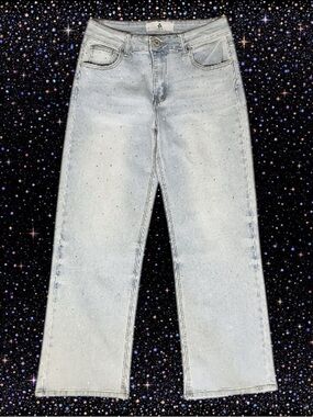 Flying Angel Retro Y2K Revival Light Wash Rhinestone High Rise Wide Leg Jeans 9